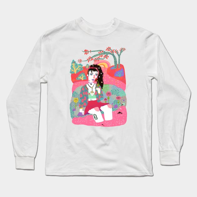 Girl sitting alone in the grass by the river Long Sleeve T-Shirt by ezrawsmith